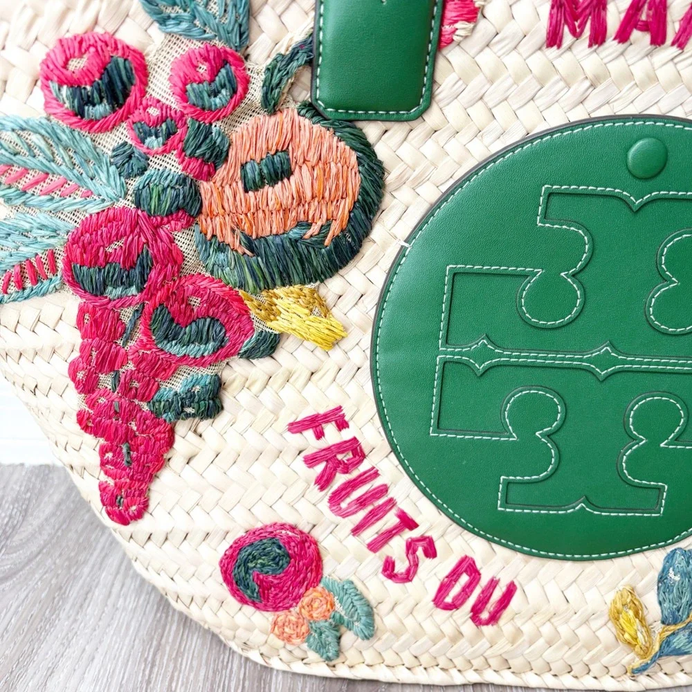Tory Burch x Doum Womens Hand Woven Embroidered Fruit Ella Basket Tote Bag Large